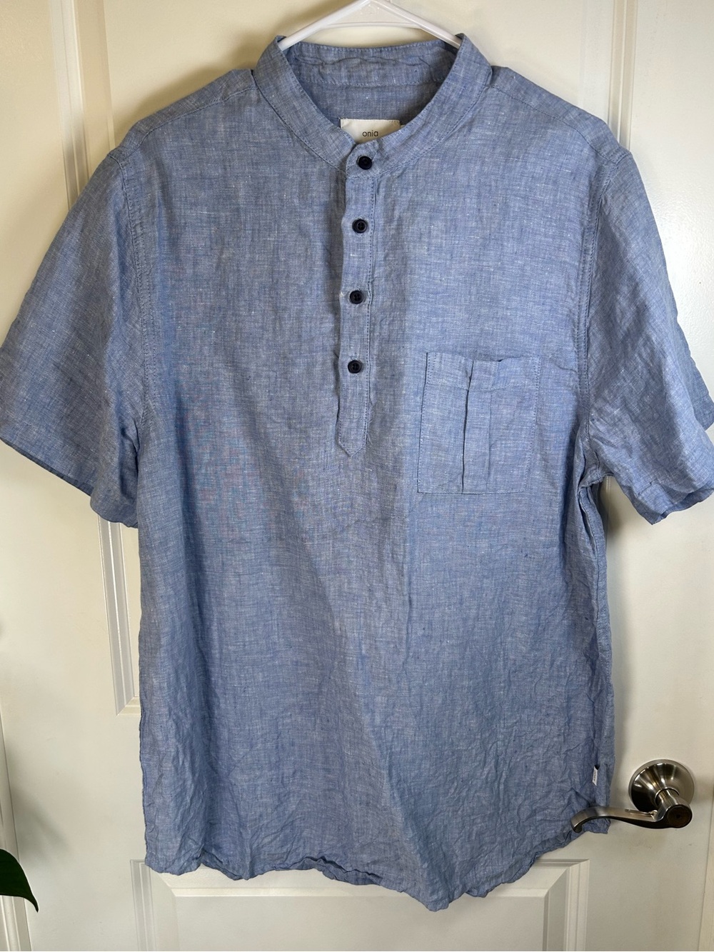 Onia Light Blue Short-Sleeve Linen Button-Down Henley Men’s Size Large